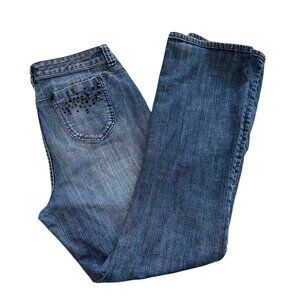 Chico's Platinum Dark Blue Straight Leg Jeans Vintage Size 2 Bedazzled Pockets